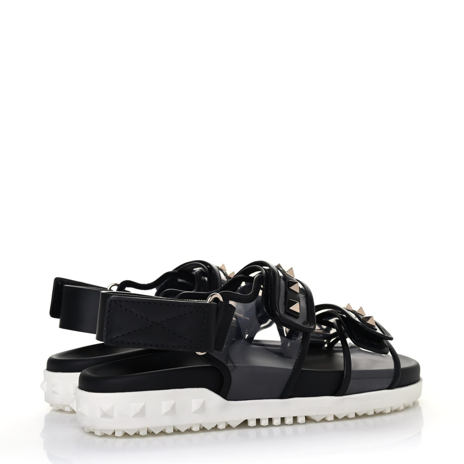 Valentino Garavani Calfskin PVC Rockstud Velcro Sandals 37 Black White 3 of 4
