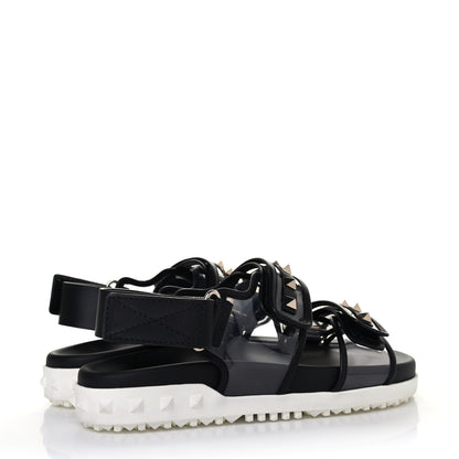 Valentino Garavani Calfskin PVC Rockstud Velcro Sandals 37 Black White 3 of 4