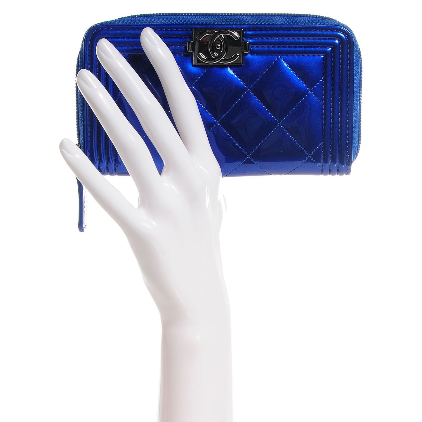 Metallic Patent Quilted Boy Zip Around Wallet Blue