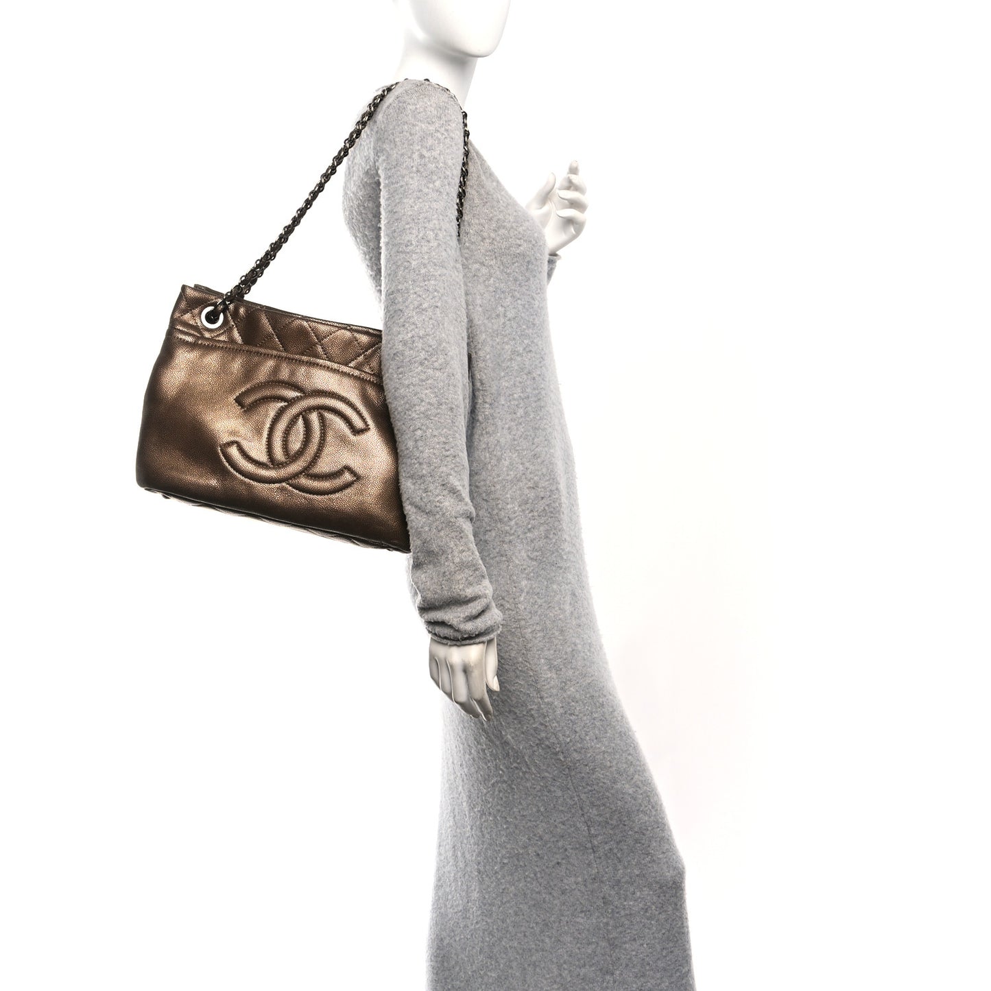 Metallic Caviar Quilted Large Timeless CC Soft Tote Bronze