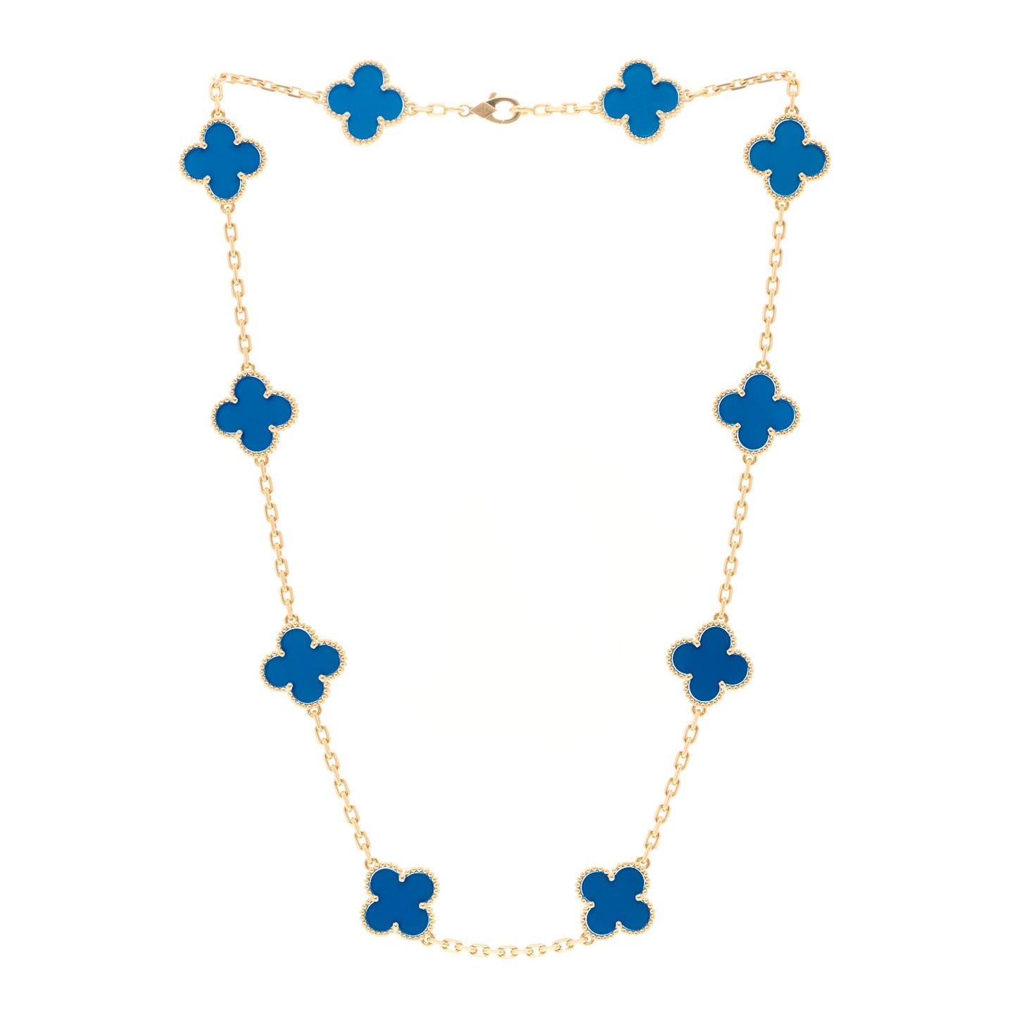 18K Yellow Gold Blue Agate 10 Motifs Vintage Alhambra Necklace