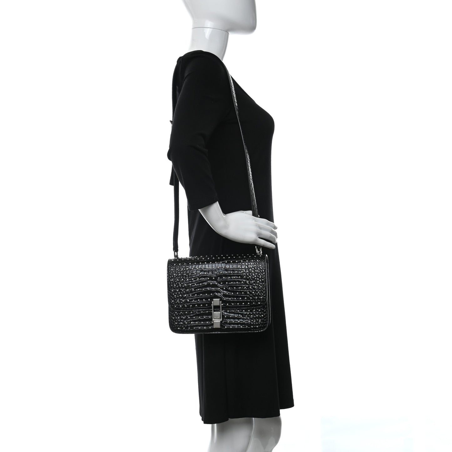 Crocodile Embossed Calfskin Crystal Embellished Carre Satchel Black