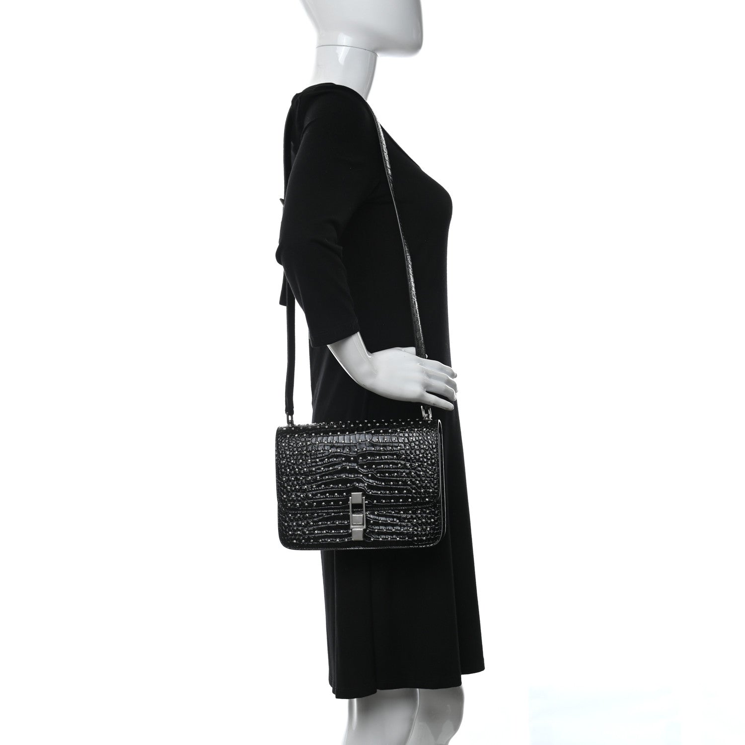 Saint Laurent Crocodile Embossed Calfskin Crystal Embellished Carre Satchel Black 3 of 16