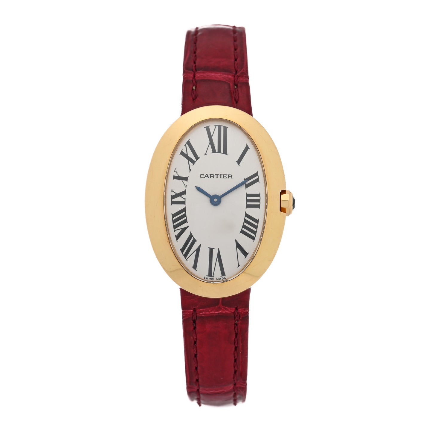 18K Yellow Gold Alligator 24mm Baignoire Quartz Watch Burgundy