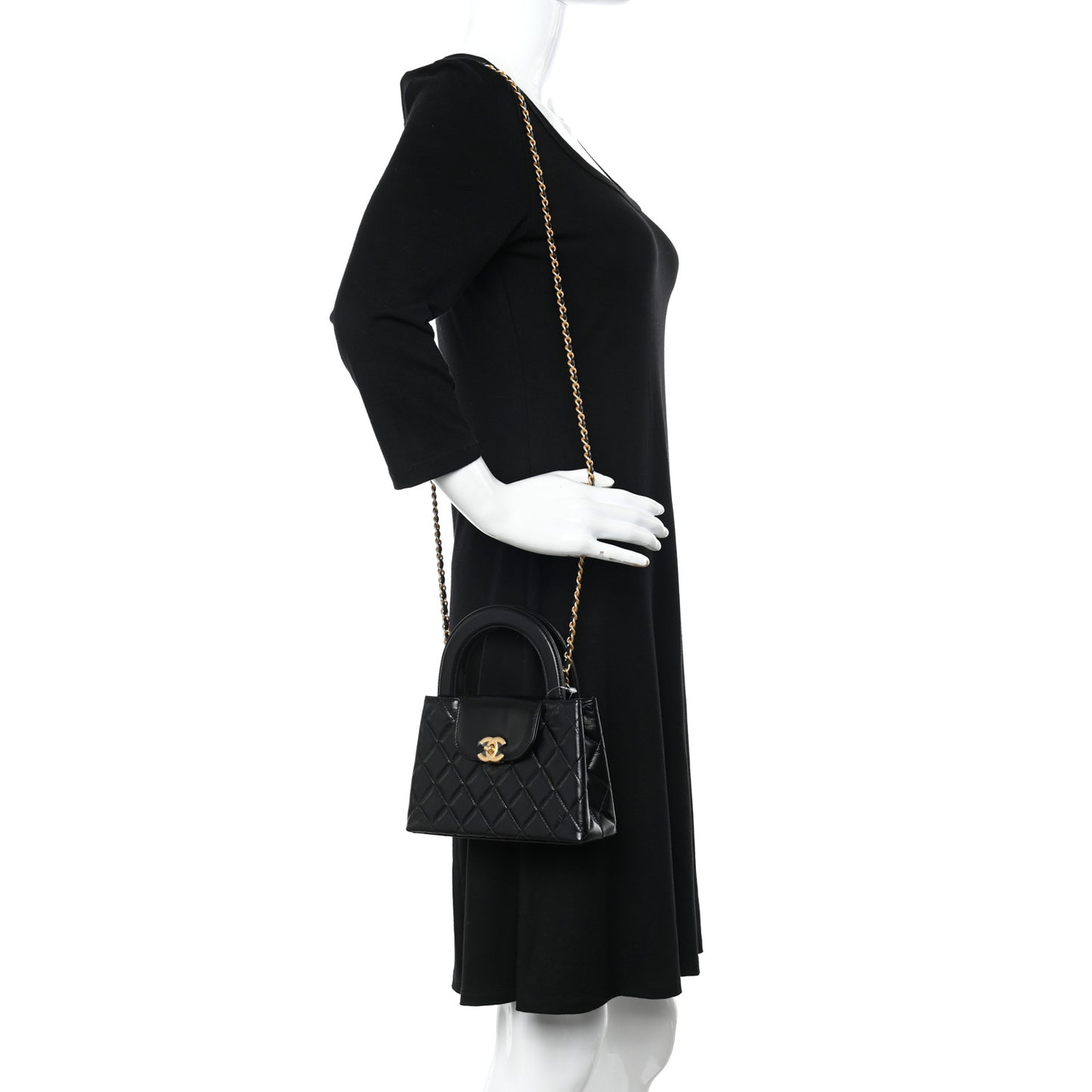 Shiny Aged Calfskin Quilted Nano Kelly Shopper Black