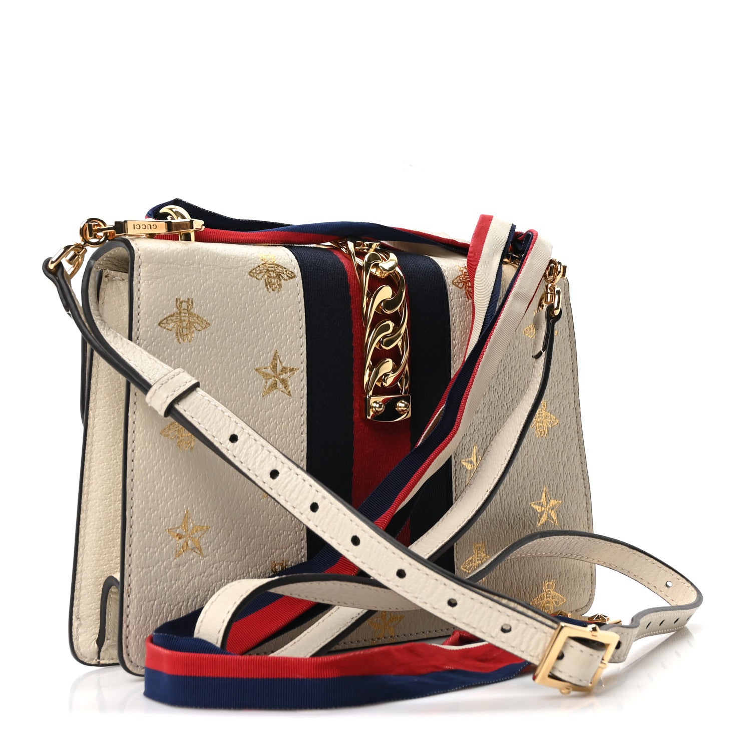 Gucci Textured Calfskin Bee Star Print Small Sylvie Shoulder Bag Mystic White 3 of 10