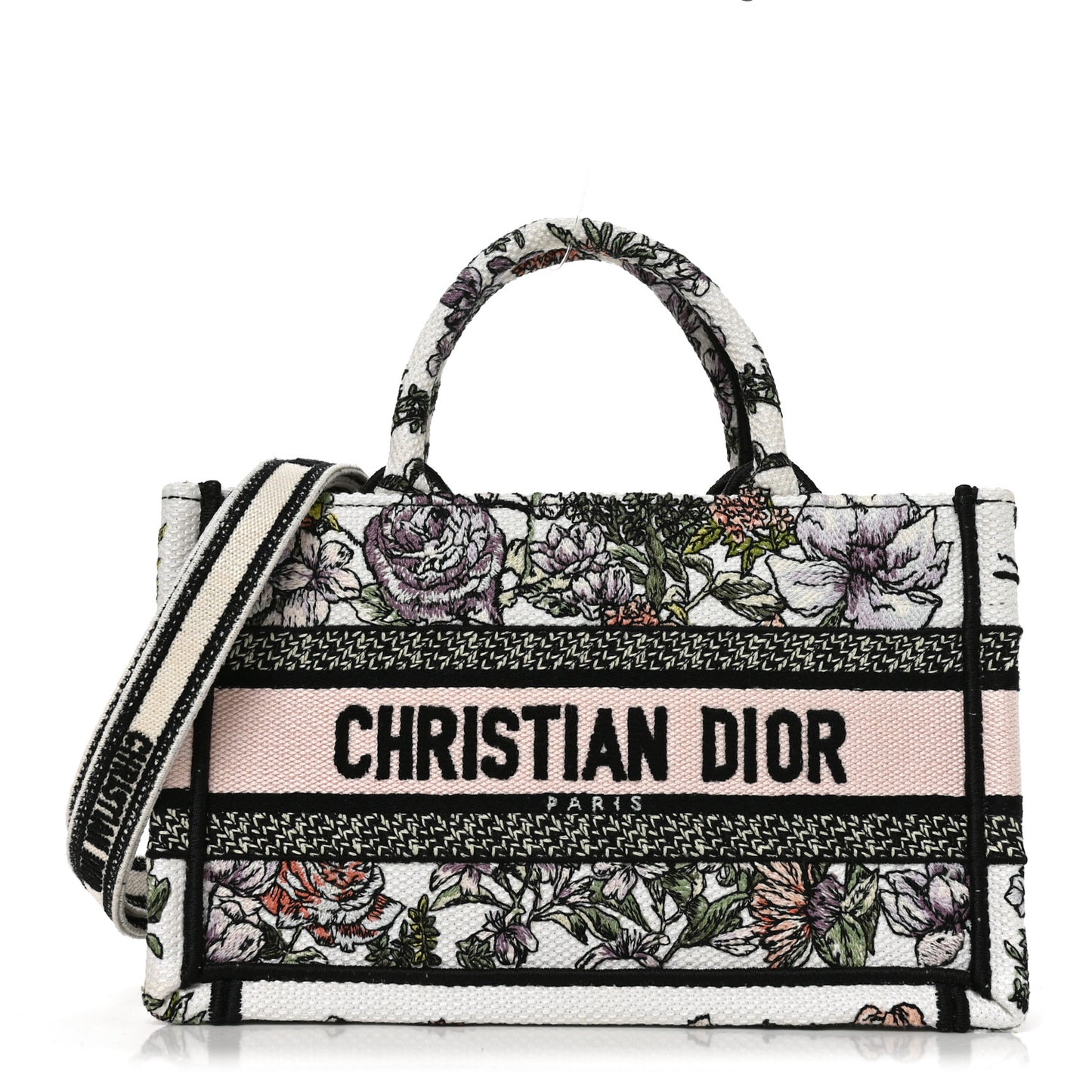 Canvas Embroidered Flowers Mini Book Tote With Strap White Multicolor