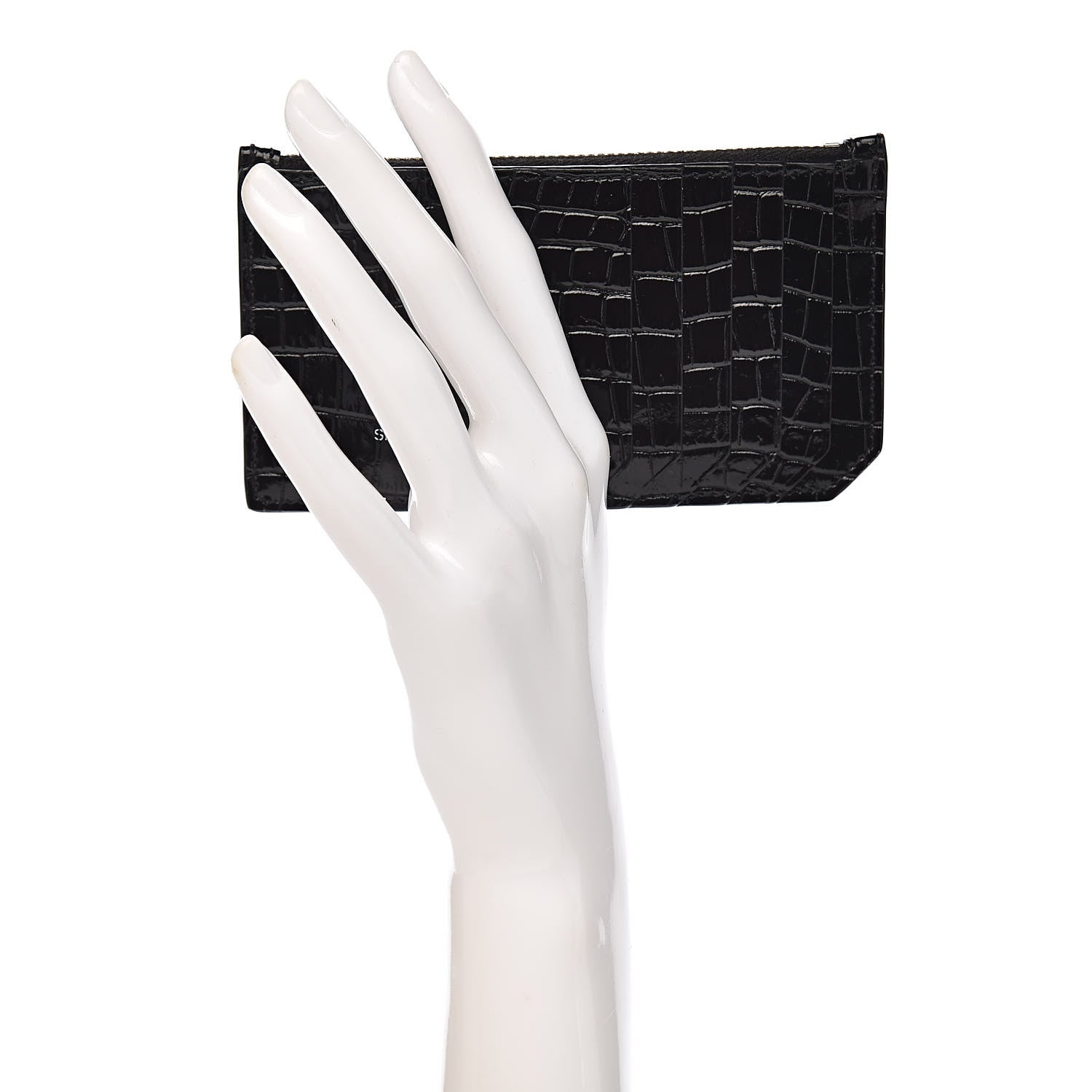 Saint Laurent Calfskin Crocodile Embossed 5 Fragments Zip Pouch Card Holder Black 2 of 8