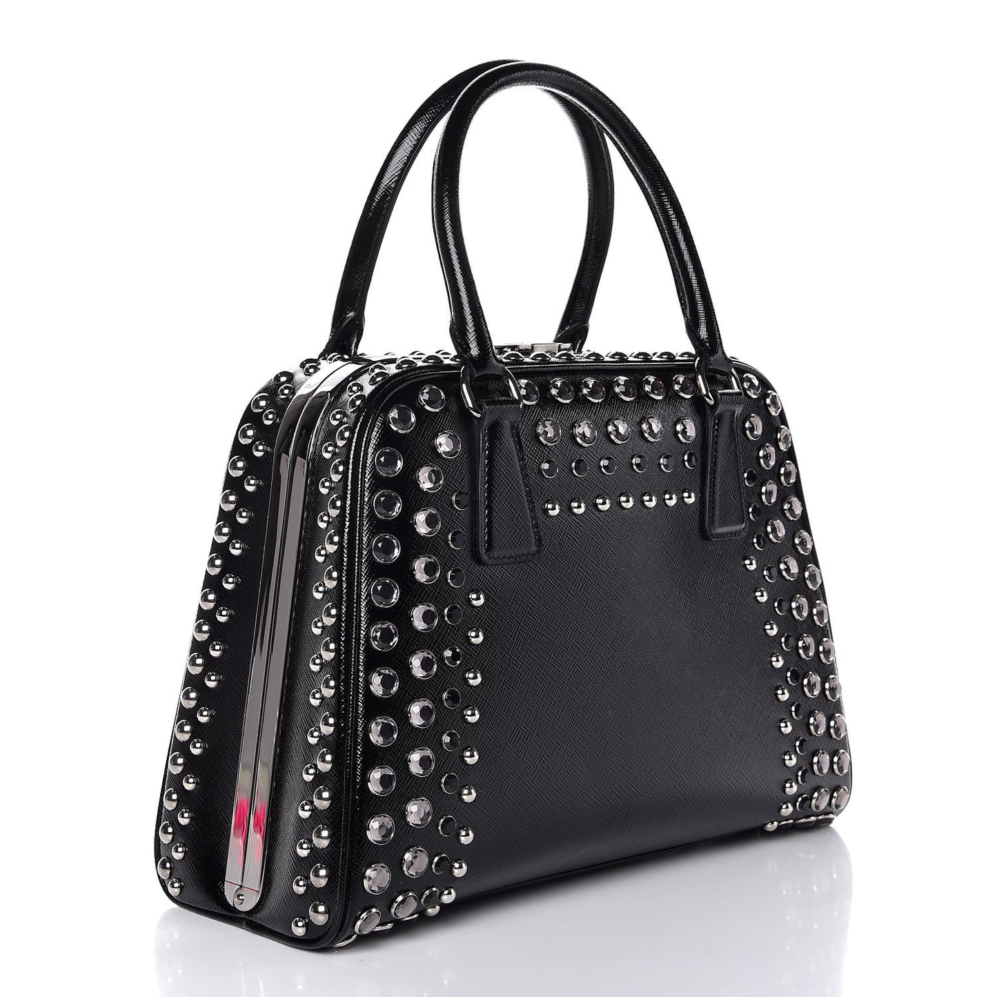 Saffiano Vernice Small Crystal Pyramid Bag Black