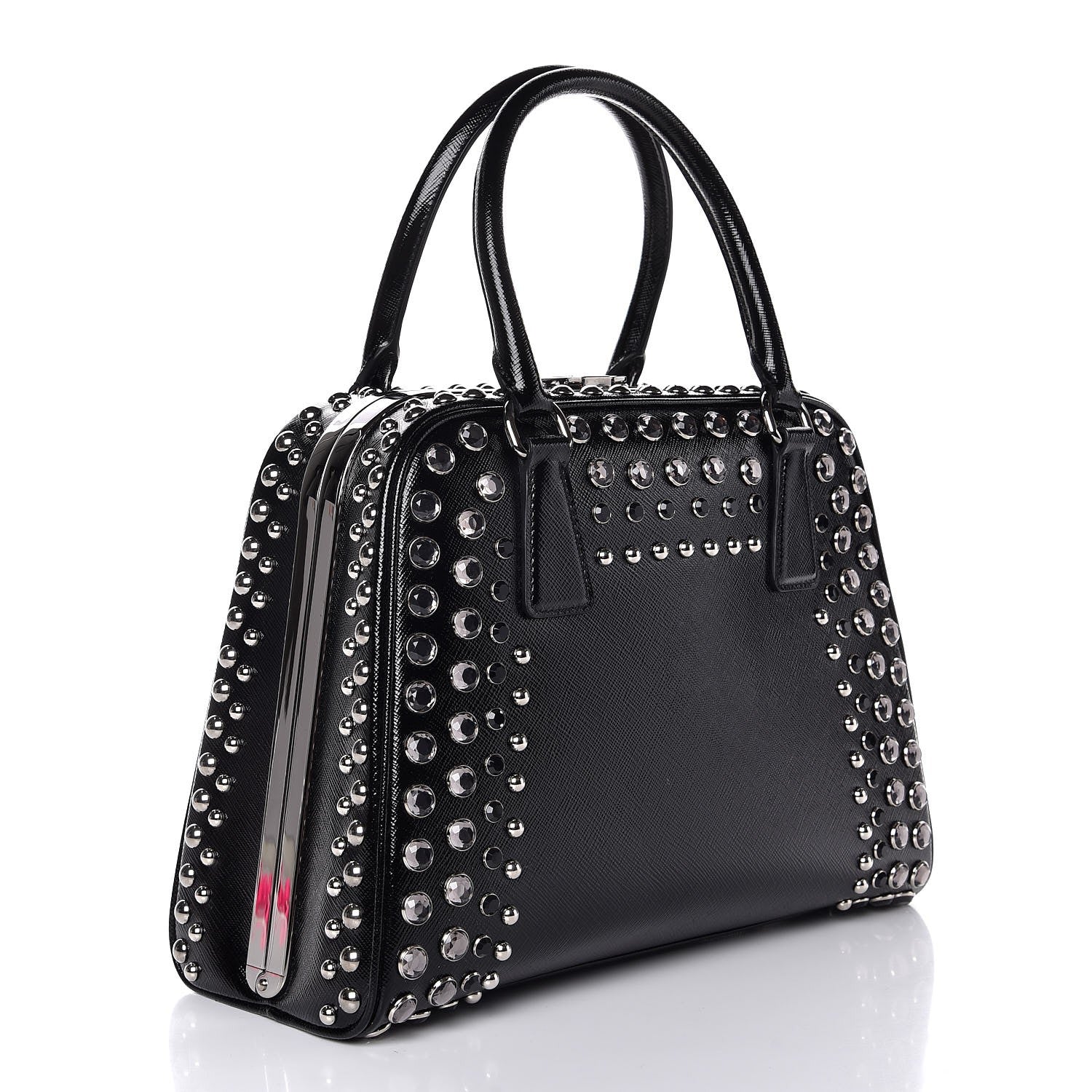 Prada Saffiano Vernice Small Crystal Pyramid Bag Black 3 of 8