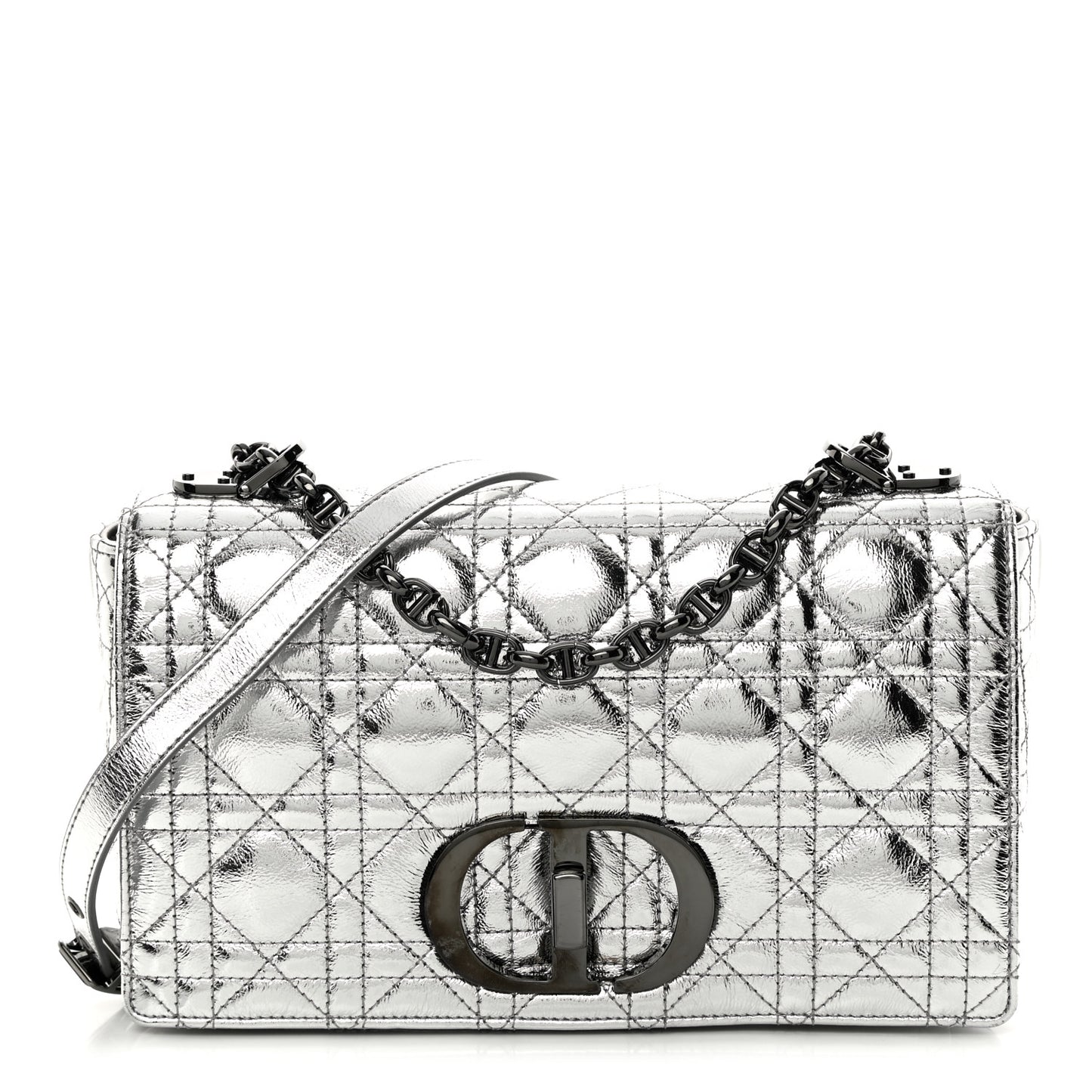 Metallic Calfskin Cannage Medium Caro Bag Argent