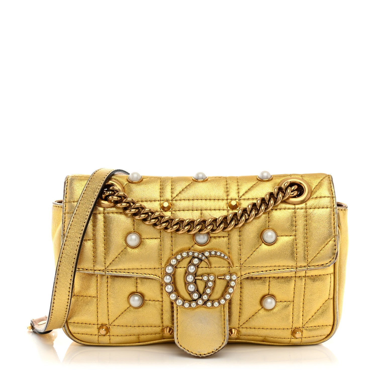 Gucci Metallic Calfskin Matelasse Studded Mini Pearly GG Marmont