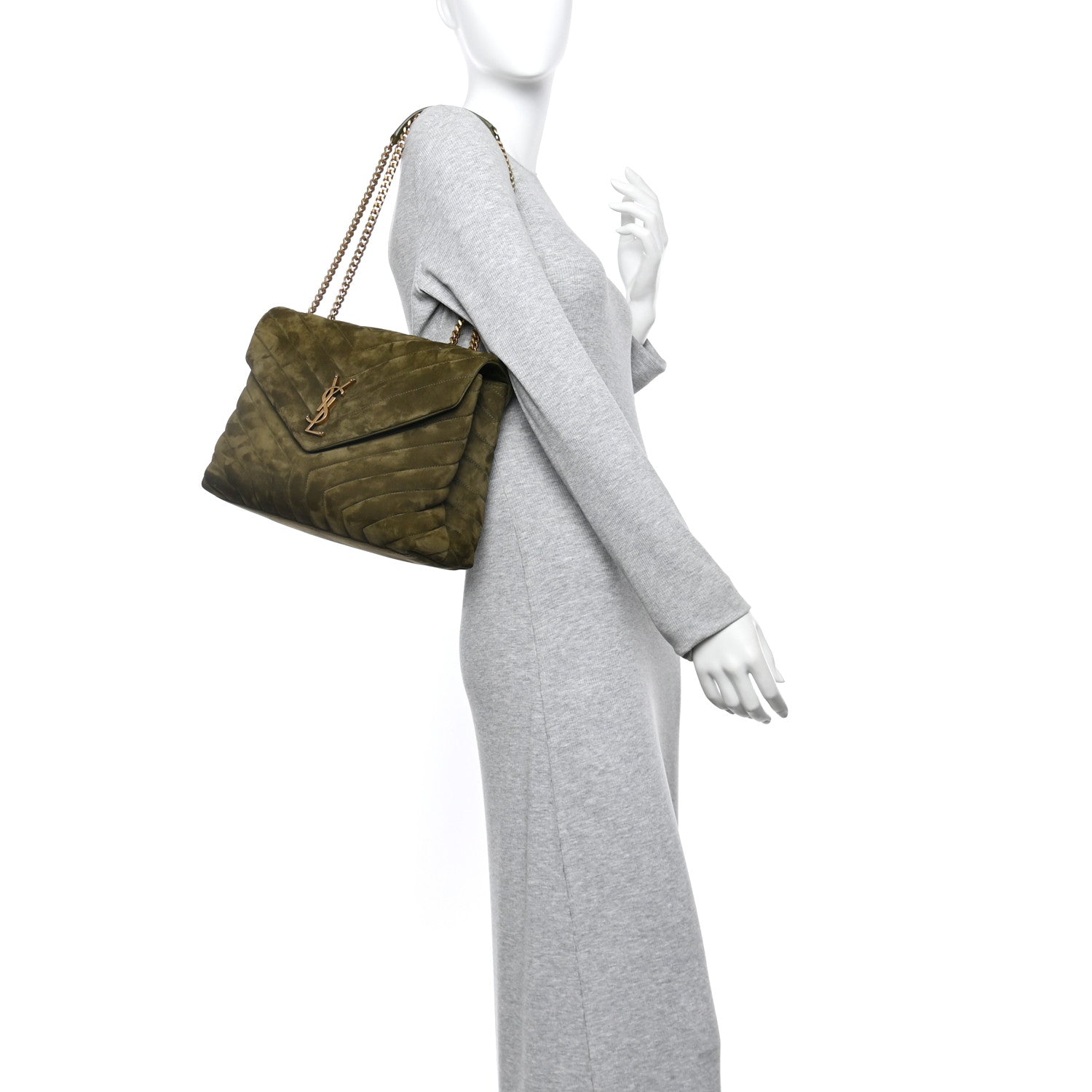 Saint Laurent Suede Y Quilted Monogram Medium Loulou Chain Satchel Loden Green 2 of 10