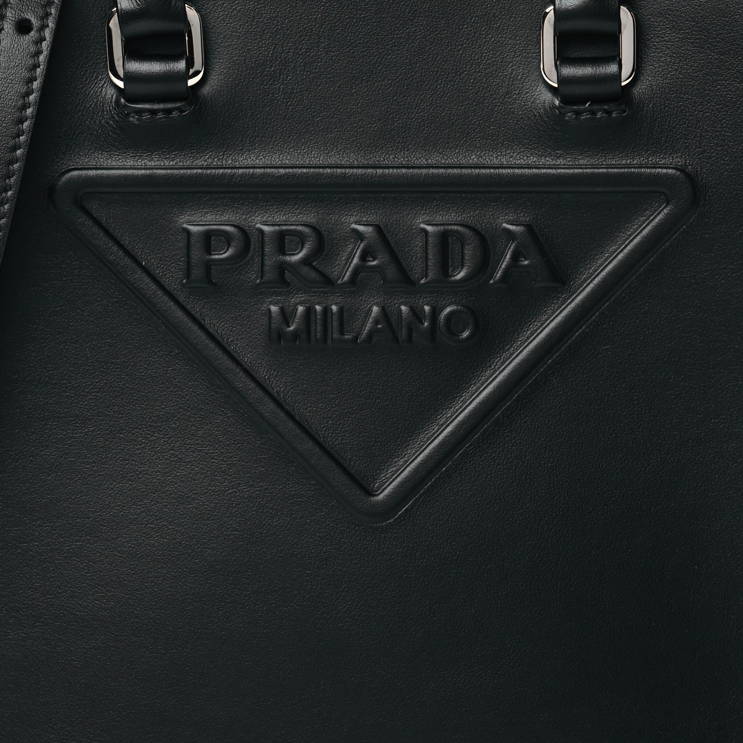 Soft Calfskin Triangle Logo Embossed Small Double Handle Crossbody Tote Black