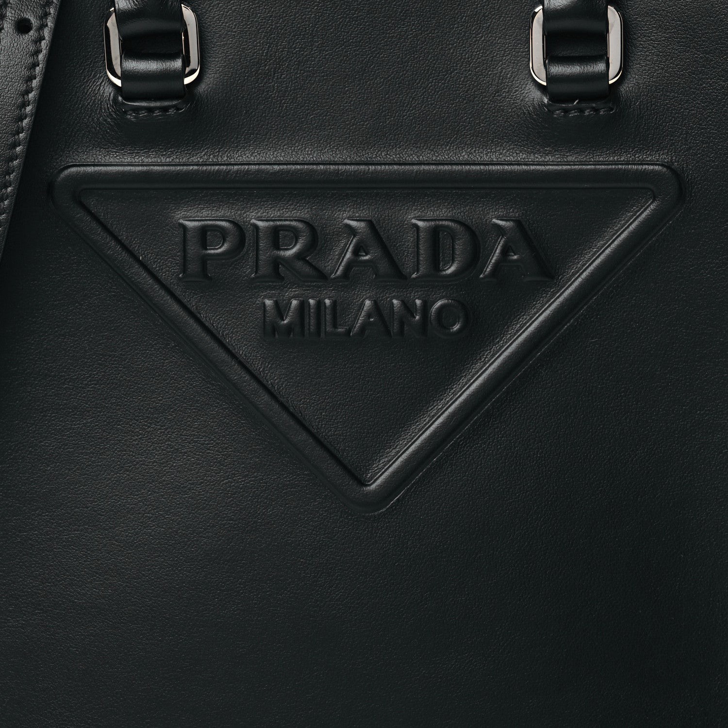 Prada Soft Calfskin Triangle Logo Embossed Small Double Handle Crossbody Tote Black 7 of 9