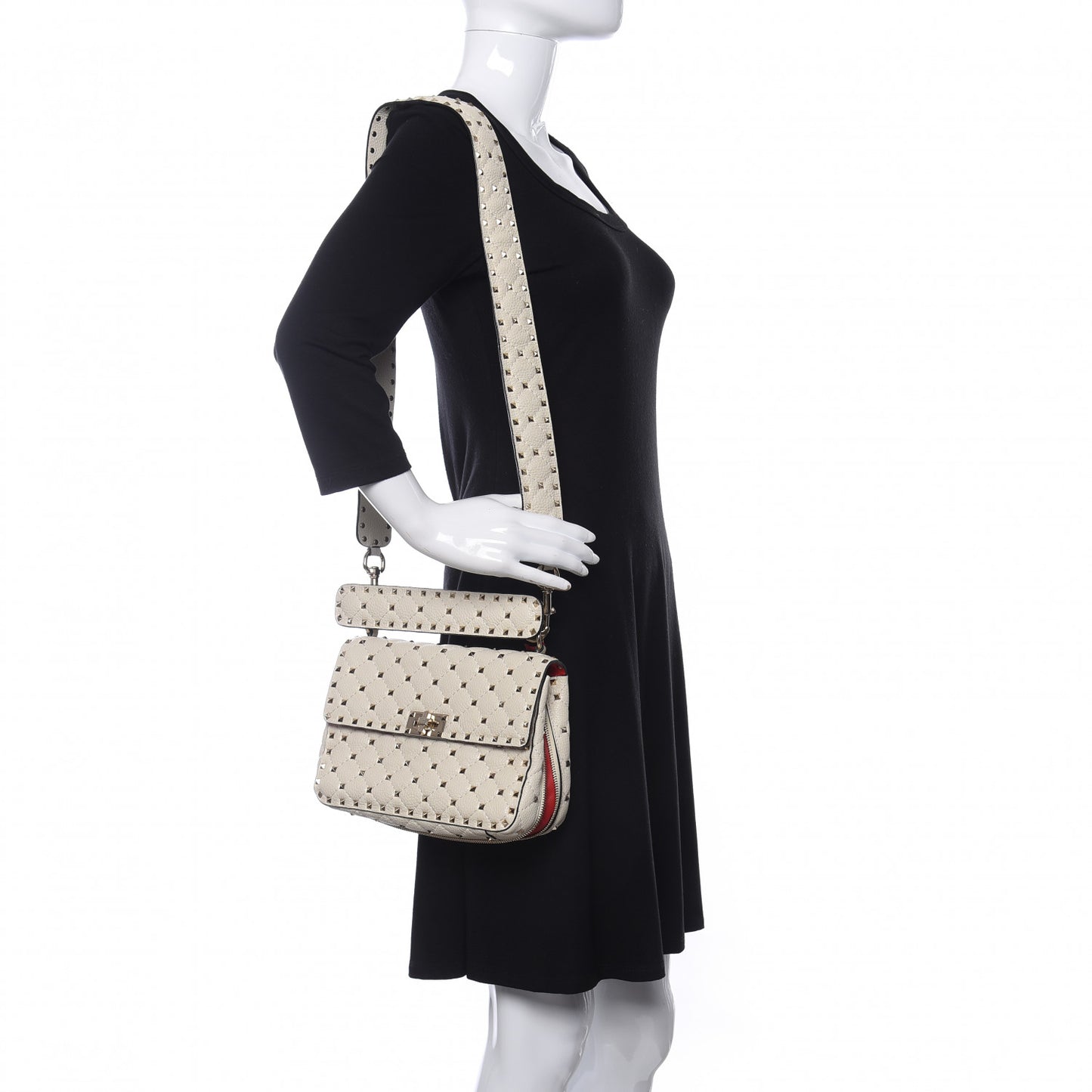 Grained Calfskin Medium Rockstud Spike Shoulder Bag Light Ivory