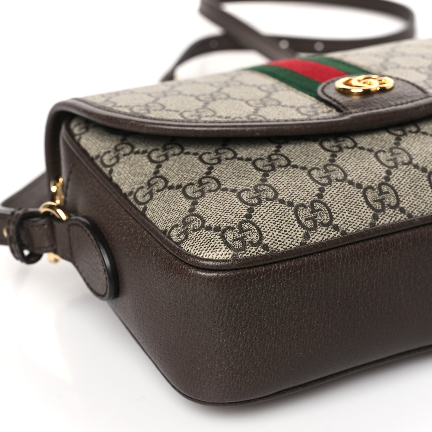 GG Supreme Monogram Textured Dollar Calfskin Web Studded Mini Ophidia Flap Shoulder Bag Beige Ebony New Acero