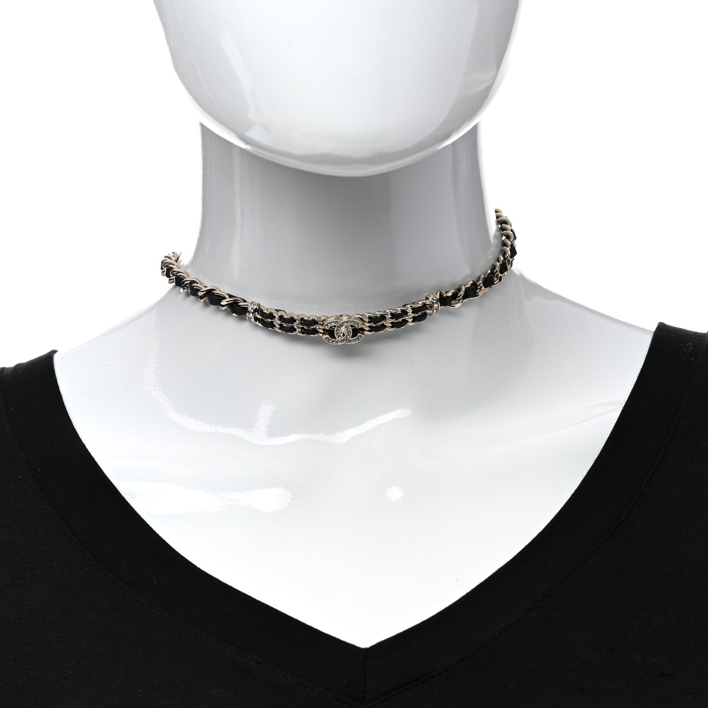 Metal Lambskin Crystal CC Choker Necklace Black Gold
