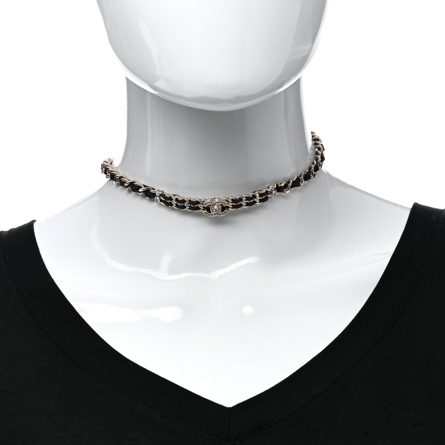 Chanel Metal Lambskin Crystal CC Choker Necklace Black Gold 2 of 6