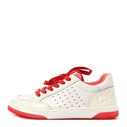 Chanel Grained Calfskin Fabric Womens Logo Sneakers 38 White Red 1 of 9