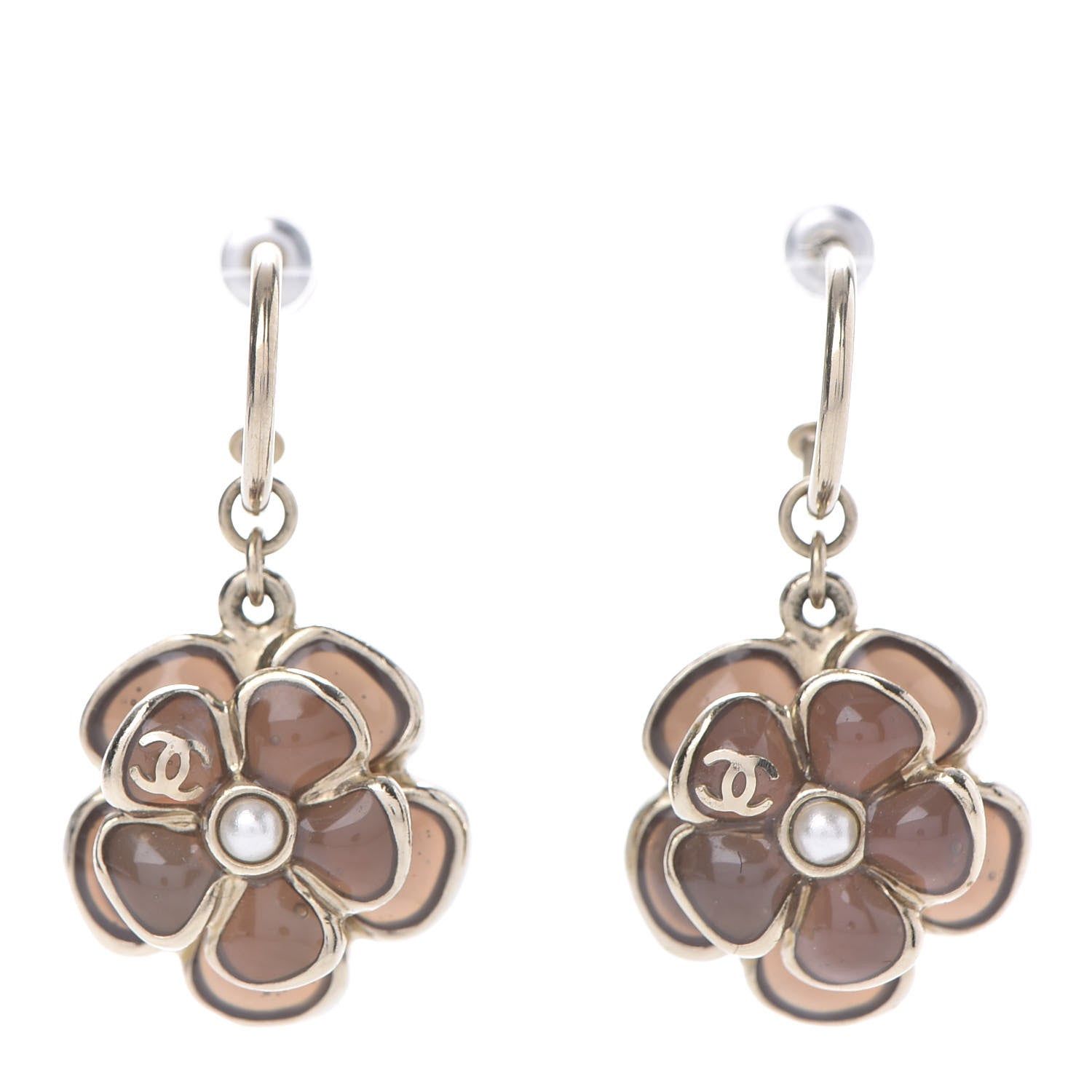 Chanel Enamel Pearl CC Flower Dangle Earrings Gold 1 of 4
