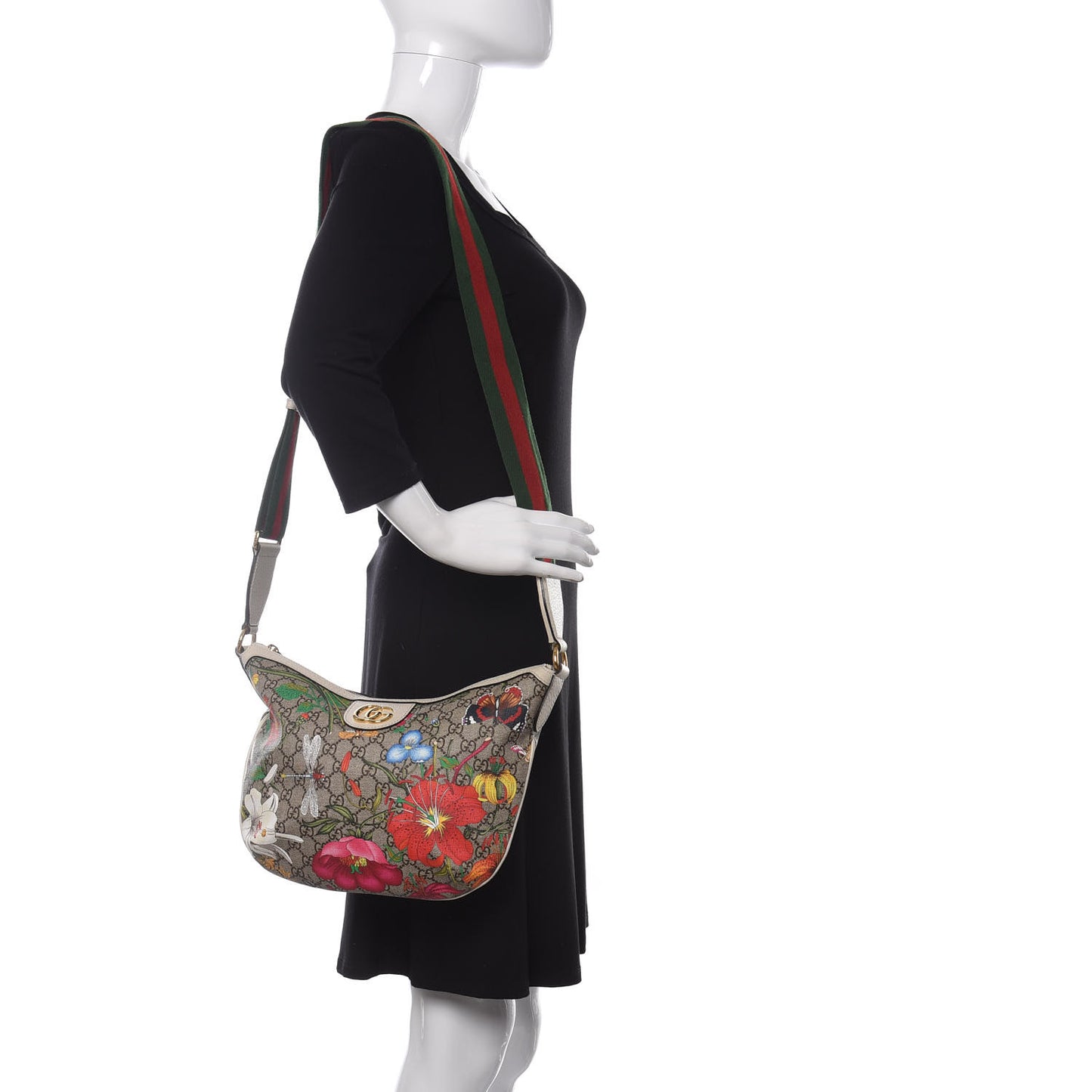 GG Supreme Monogram Flora Web Small Ophidia Half Moon Hobo White