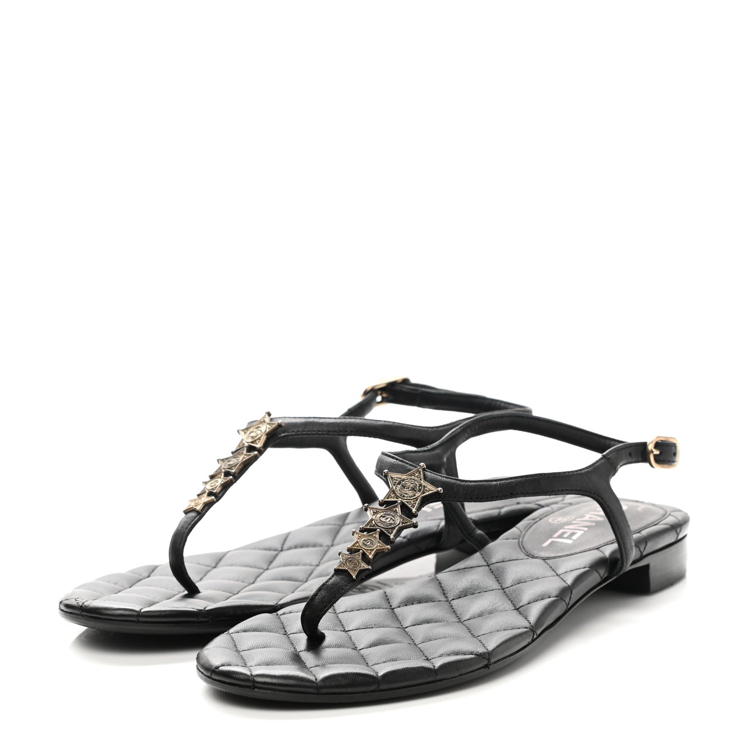 Calfskin Paris Dallas Quilted Star CC Thong Sandals 37 Black