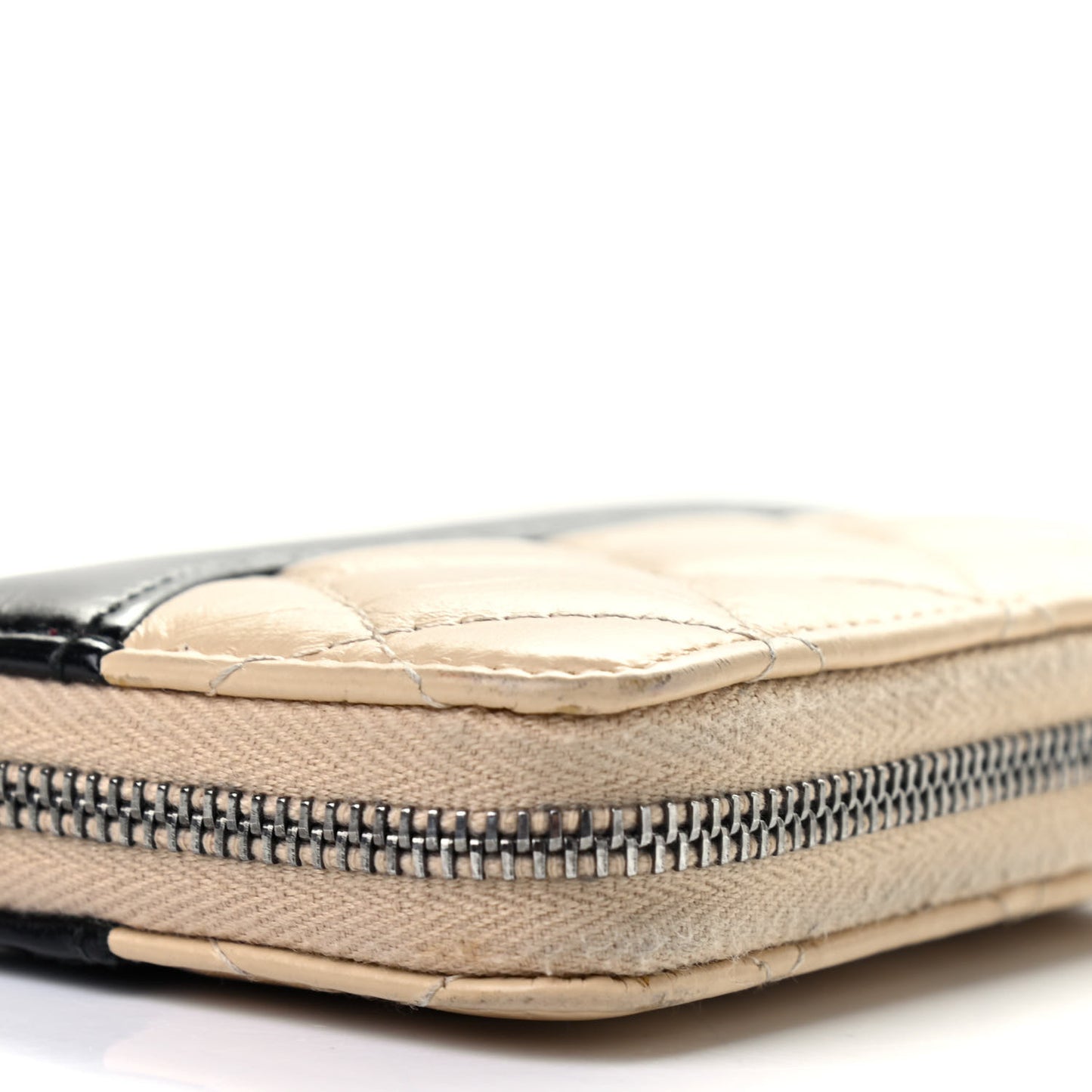 Aged Calfskin Quilted Gabrielle Zip Around Coin Purse Wallet Beige Black