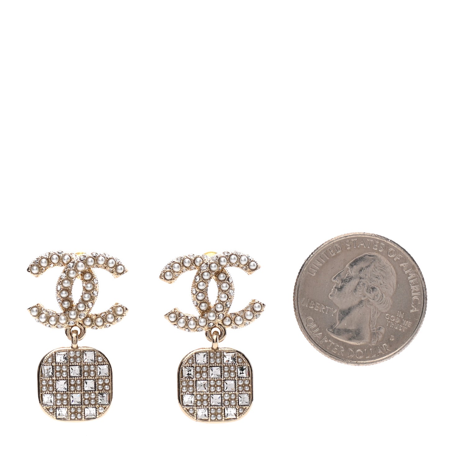 Pearl Baguette Crystal CC Drop Earrings Gold