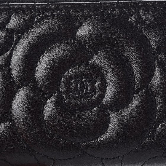 Lambskin Camellia Zip Around Coin Purse Wallet Black