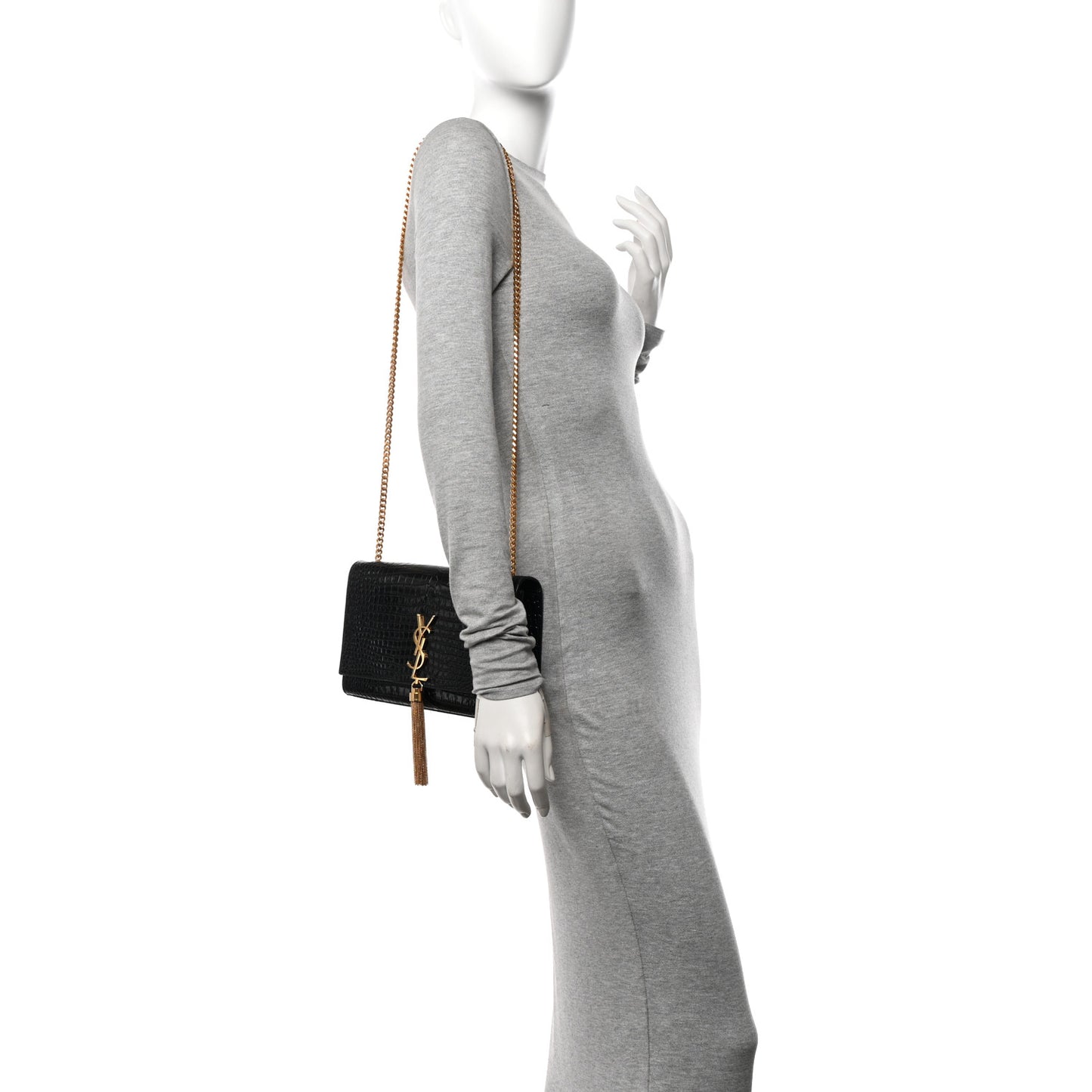 Calfskin Crocodile Embossed Medium Classic Monogram Kate Tassel Satchel Black