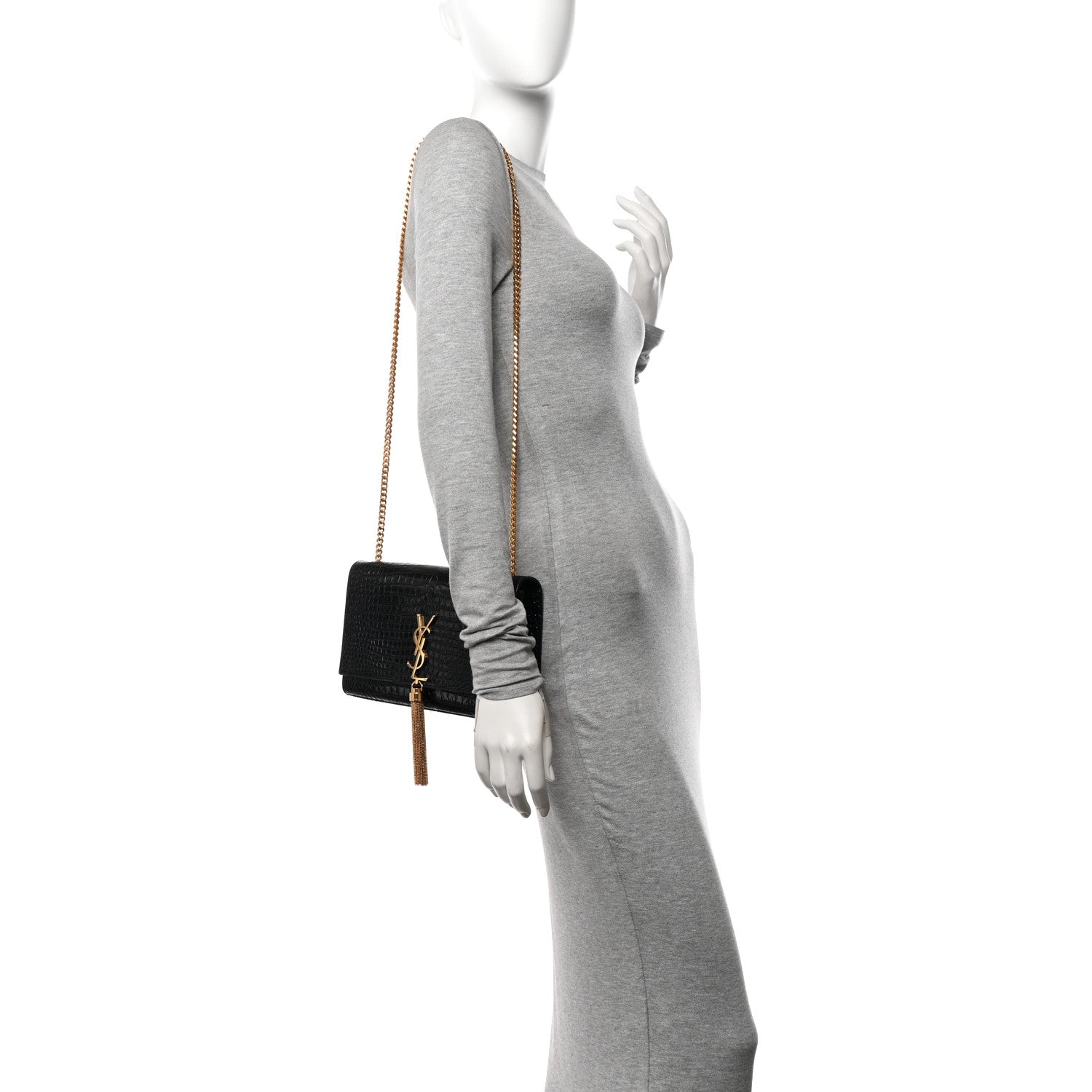 Saint Laurent Calfskin Crocodile Embossed Medium Classic Monogram Kate Tassel Satchel Black 2 of 13