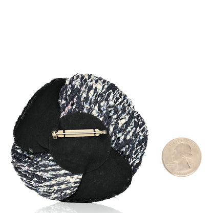 Chanel Tweed Camellia Pin Brooch Navy Blue White 2 of 4