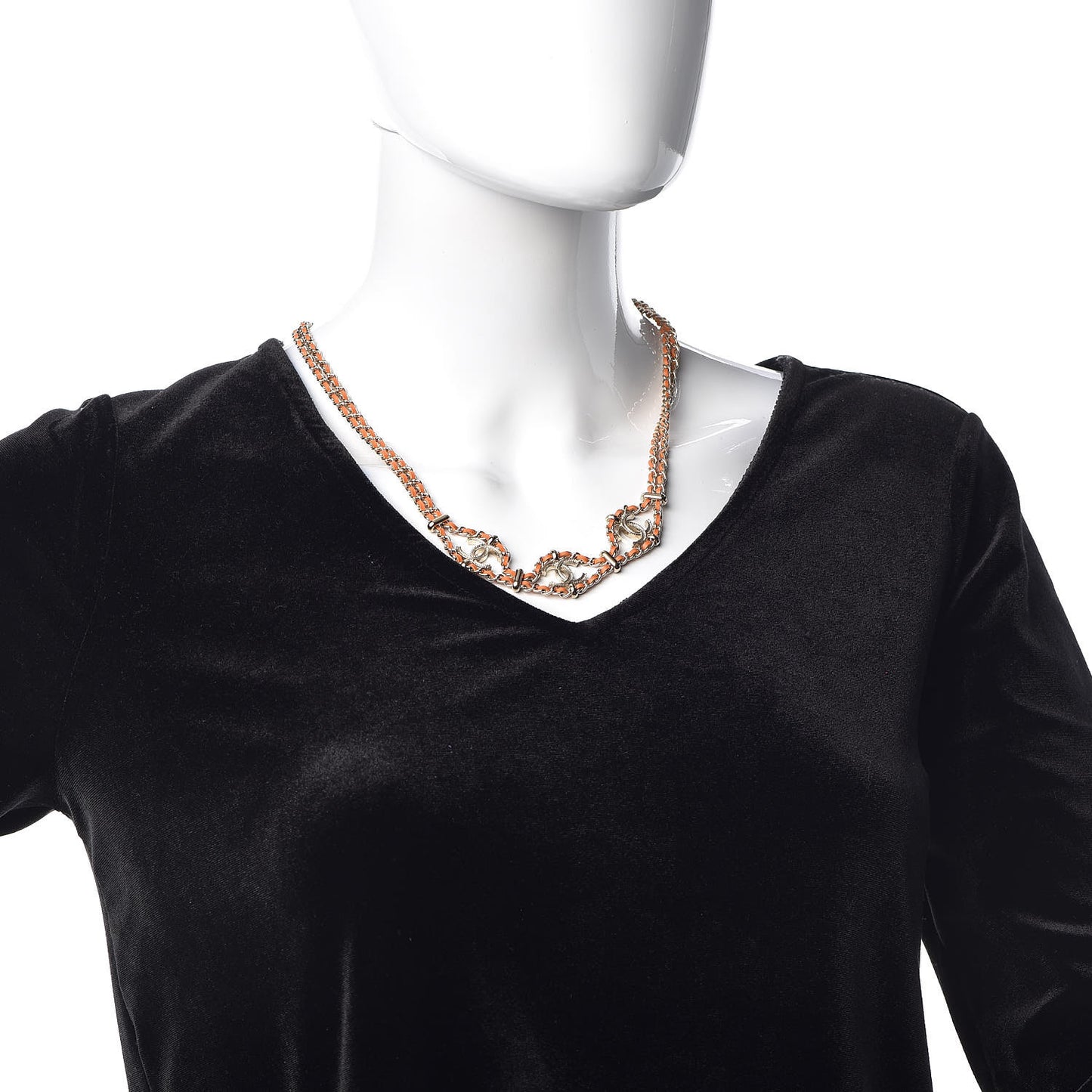 Metal Lambskin CC Chain Link Necklace Gold Orange