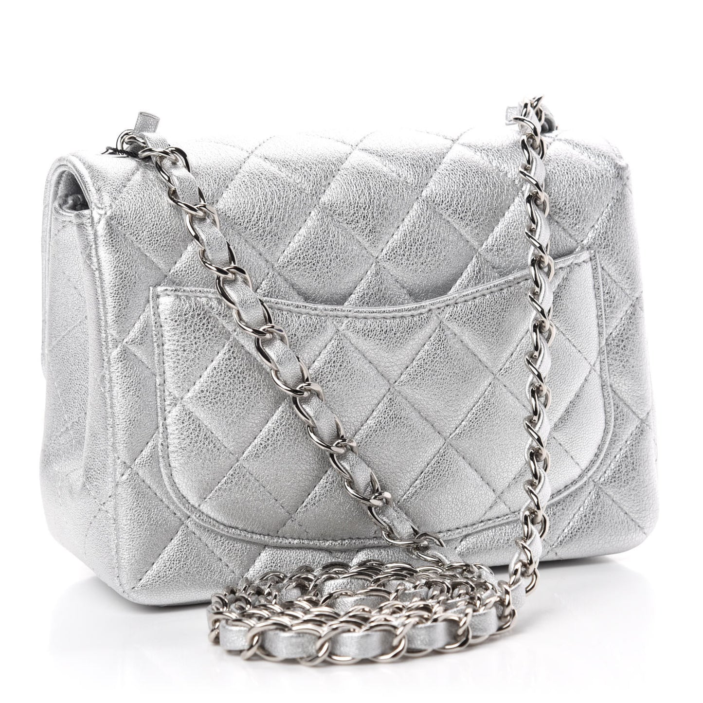 Metallic Lambskin Quilted Mini Square Flap Silver