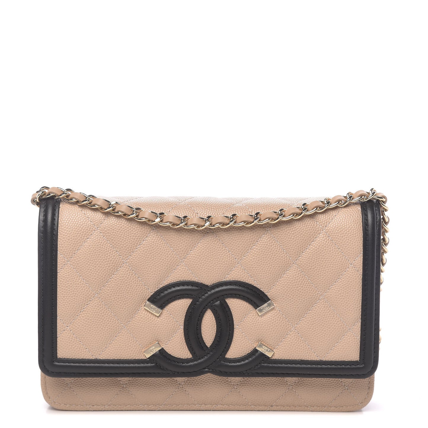 Caviar Quilted CC Filigree Wallet On Chain WOC Beige Black