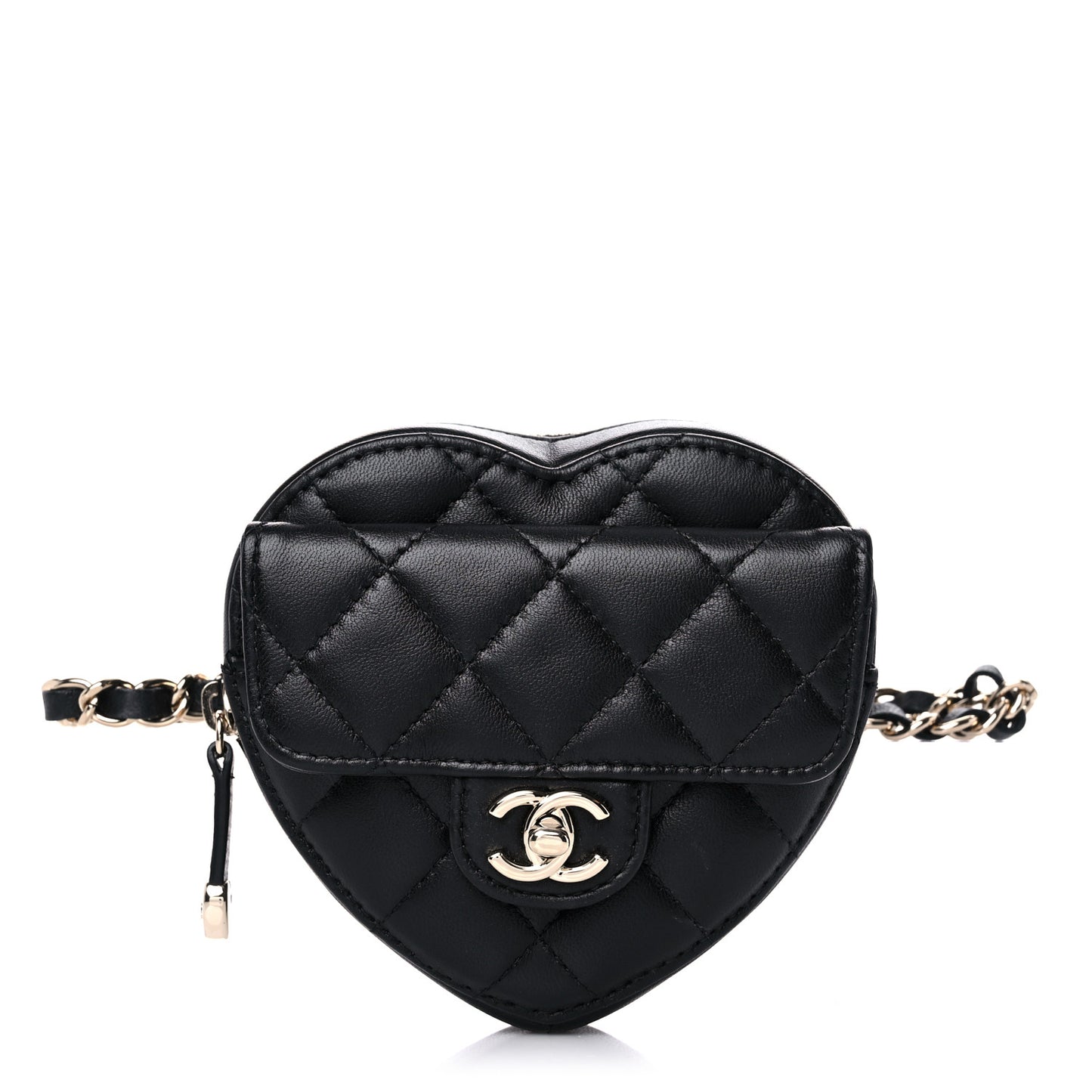 Lambskin Quilted CC In Love Heart Waist Belt Bag With Chain Black