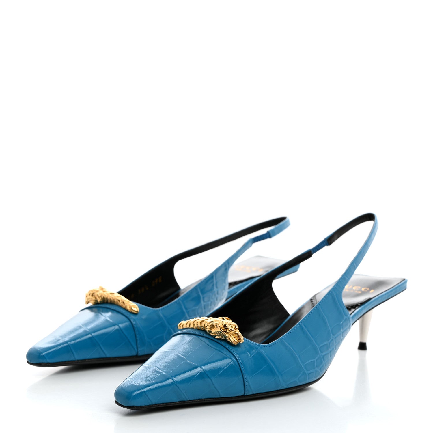Gucci Calfskin Crocodile Print Square Slingback Pumps 38.5 Bright Sapphire 3 of 9