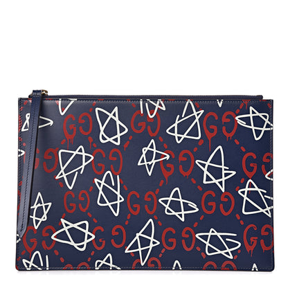 Gucci Calfskin GucciGhost Print Pouch Blue Agata Hibiscus Red 1 of 9