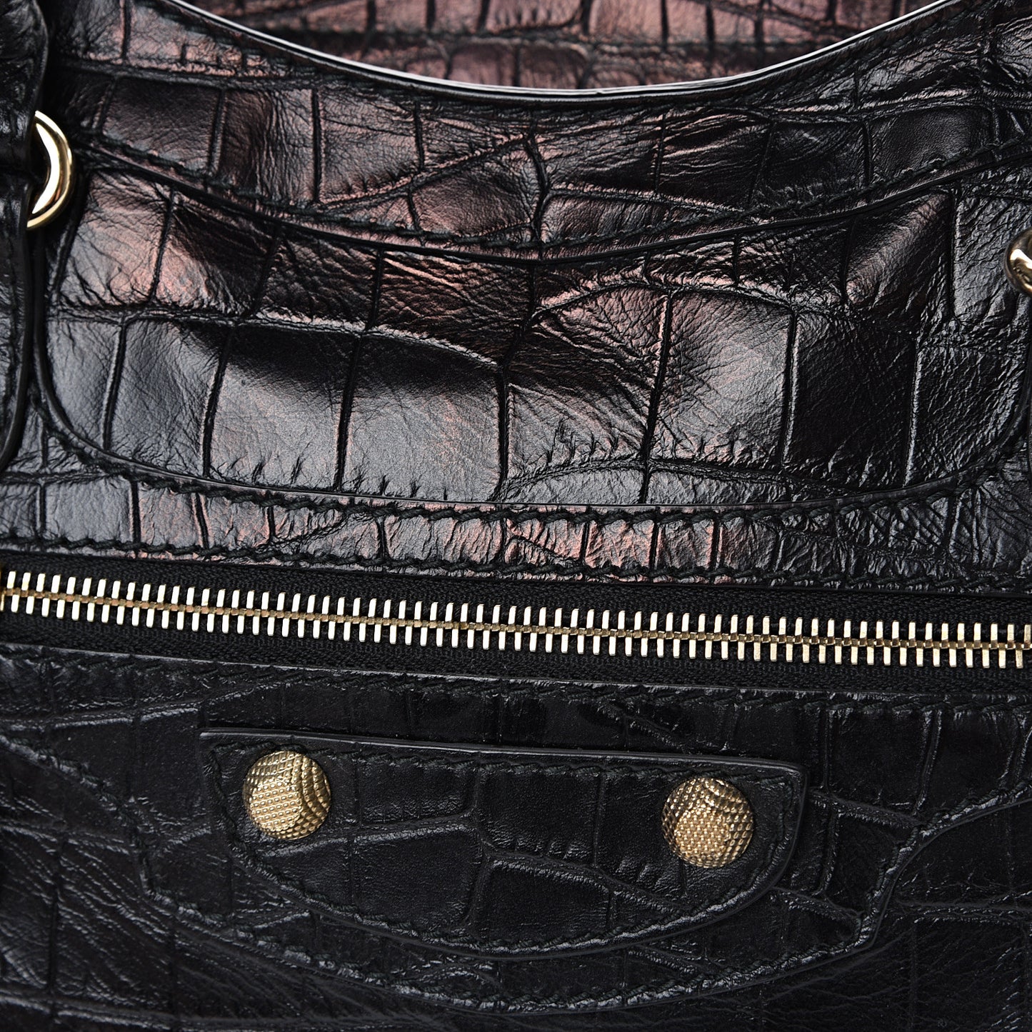 Calfskin Crocodile Embossed Giant 12 Gold Hardware City Black