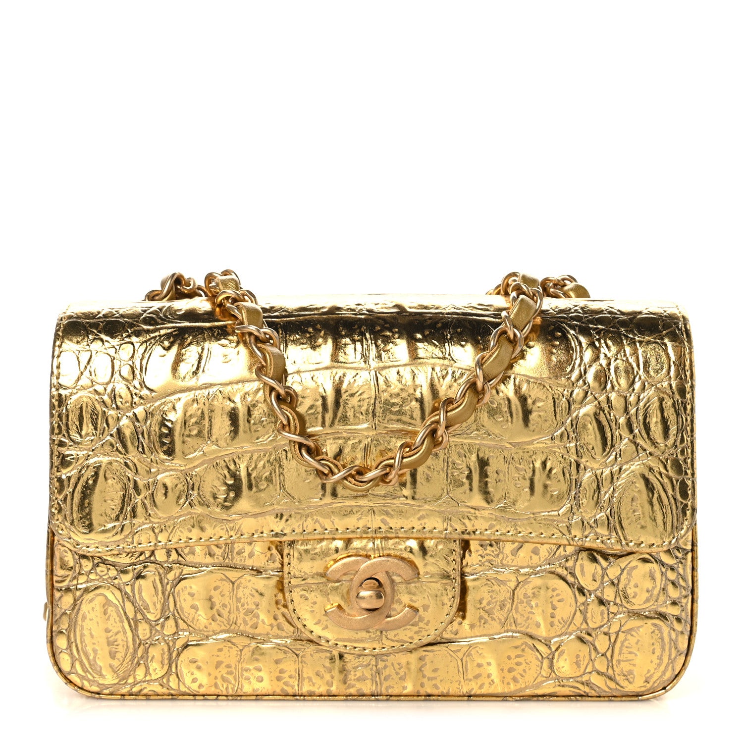 Chanel Metallic Calfskin Crocodile Embossed Cocodile Rectangular Mini Flap Gold 1 of 10