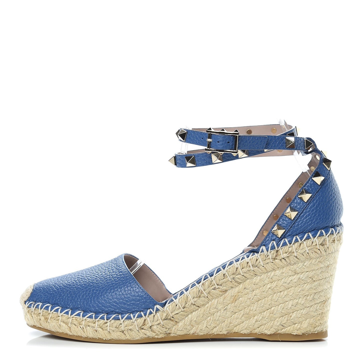 Grained Calfskin Rockstud Ankle Wrap Espadrille 15/85mm Wedges 39 Baltique