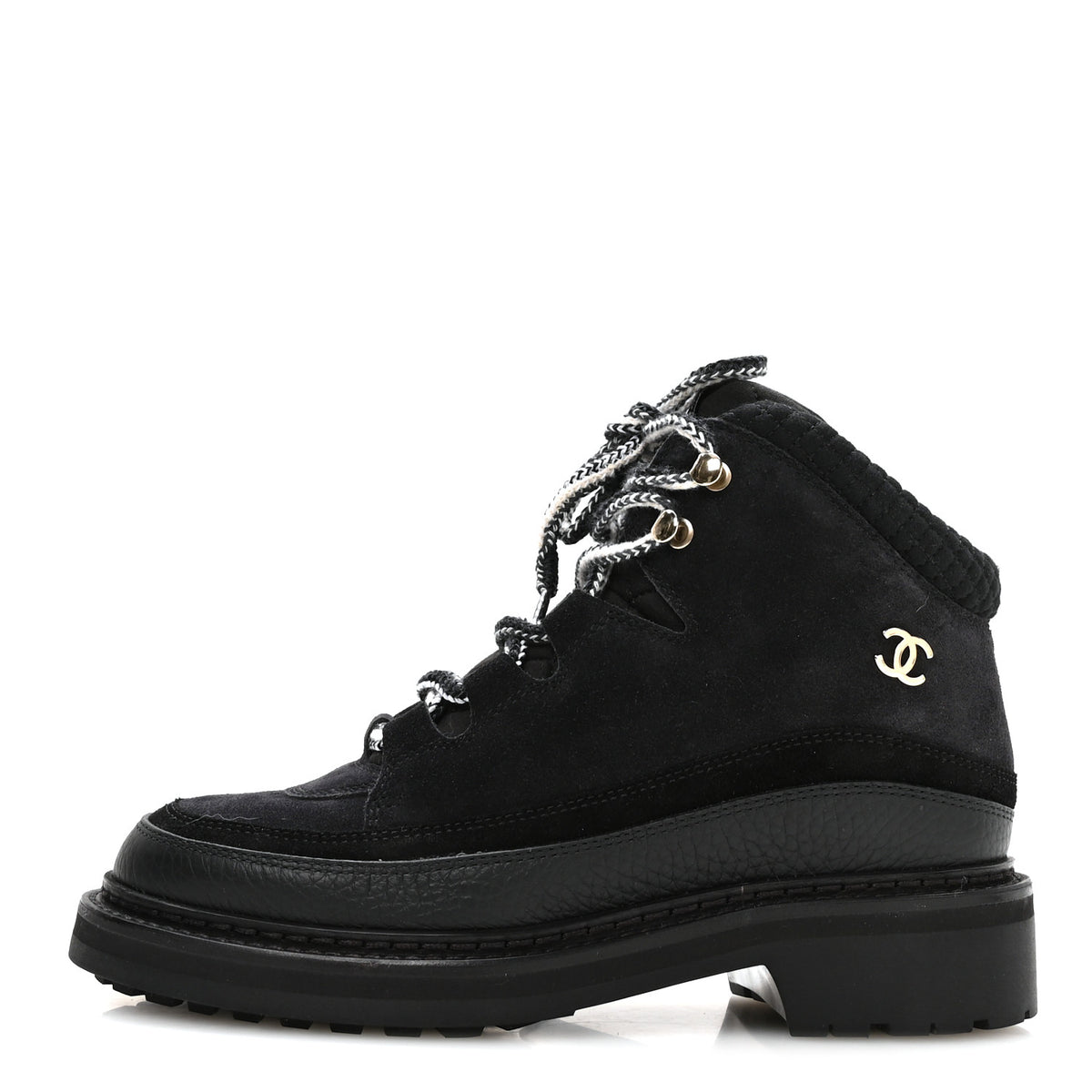 Suede Grained Calfskin CC Lace Up Boots 37 Black