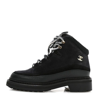 Chanel Suede Grained Calfskin CC Lace Up Boots 37 Black 1 of 9