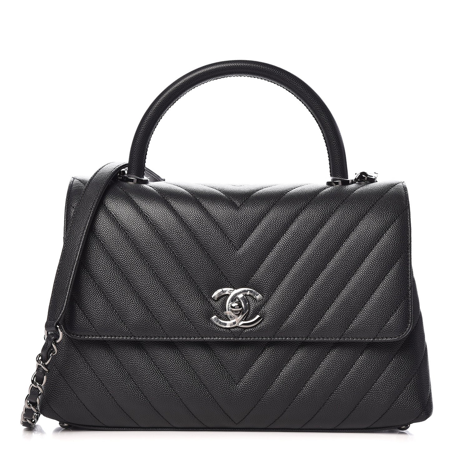 Caviar Chevron Quilted Small Coco Handle Flap Dark Grey