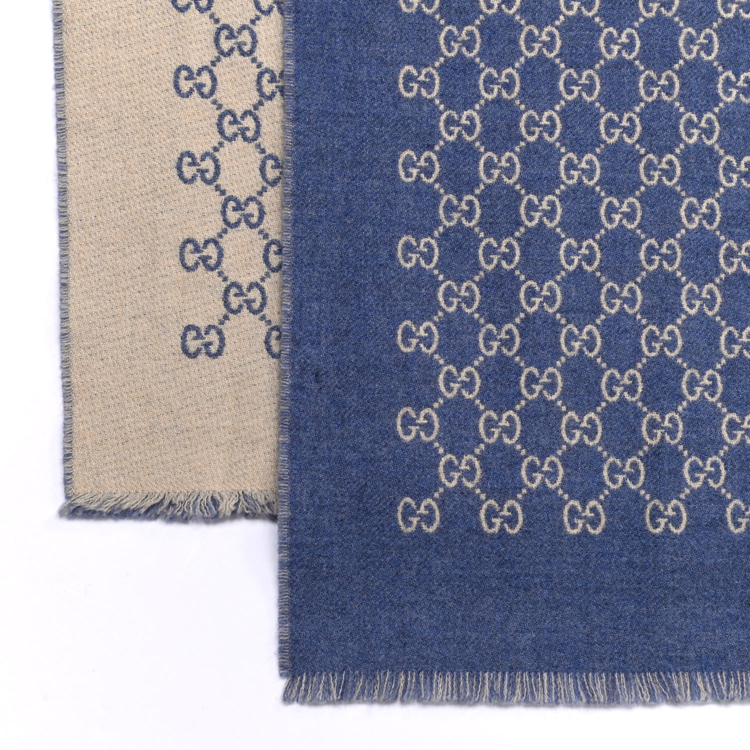 Gucci Wool Jacquard Monogram Fringe Scarf Blue Beige 3 of 4