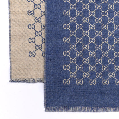 Gucci Wool Jacquard Monogram Fringe Scarf Blue Beige 3 of 4