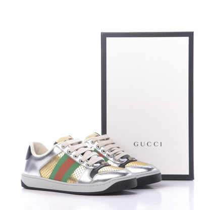 Gucci Metallic Calfskin Web Womens Screener Sneakers 35 Silver Gold Black 10 of 10