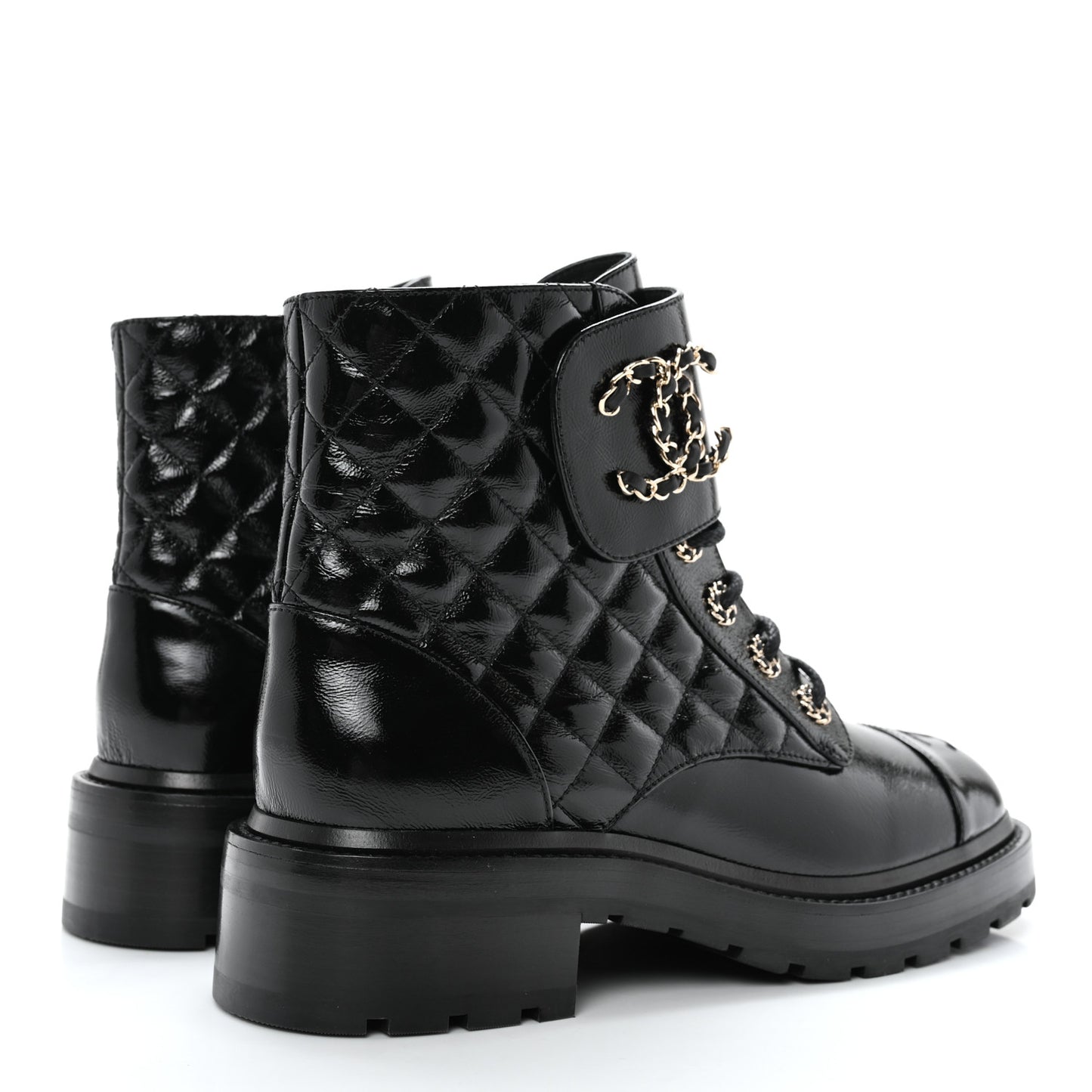 Shiny Calfskin Quilted Lace Up Combat Boots 39 Black