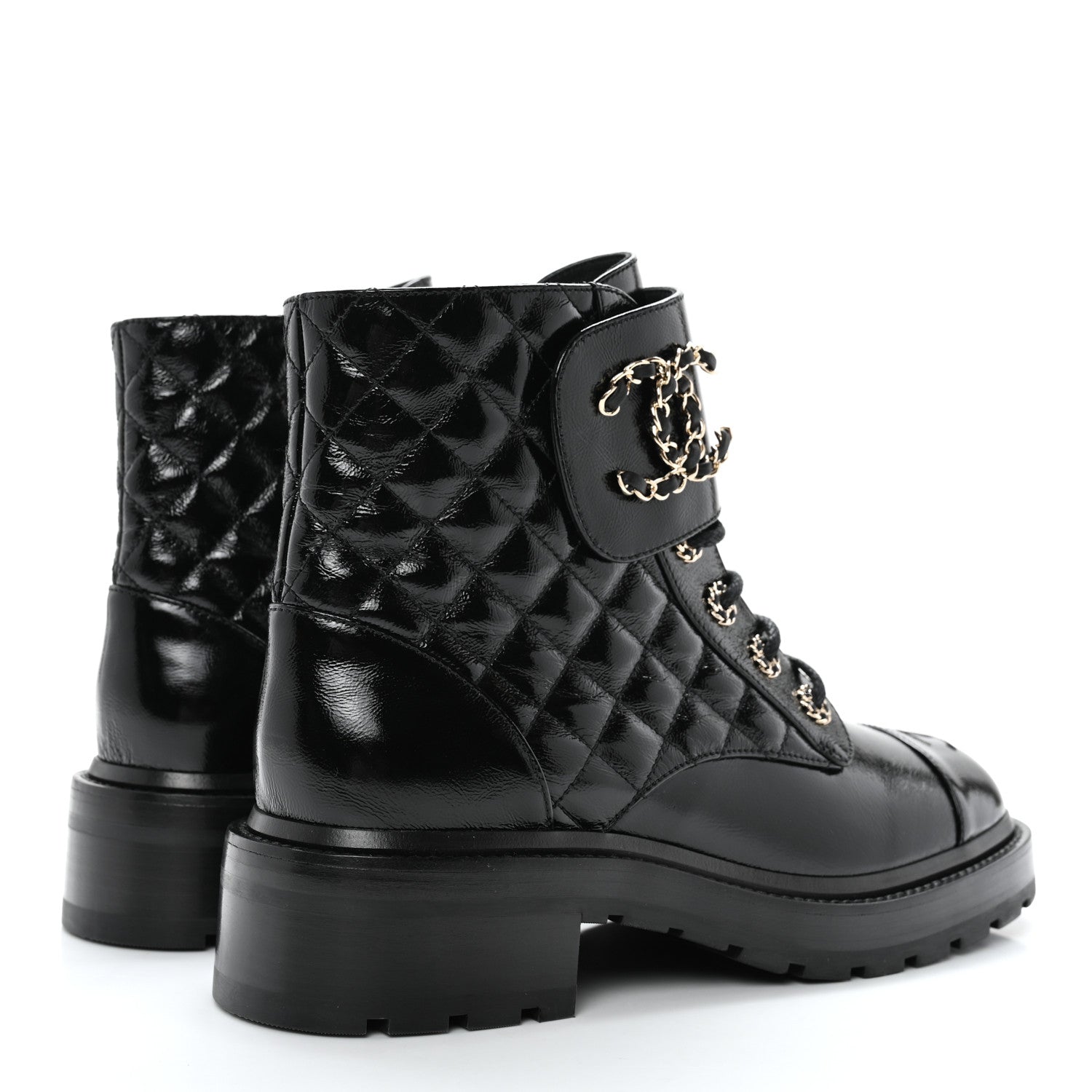 Chanel Shiny Calfskin Quilted Lace Up Combat Boots 39 Black 4 of 10